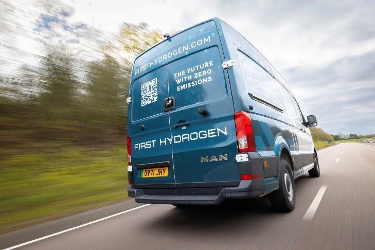 First Hydrogen van from behind driving on the road